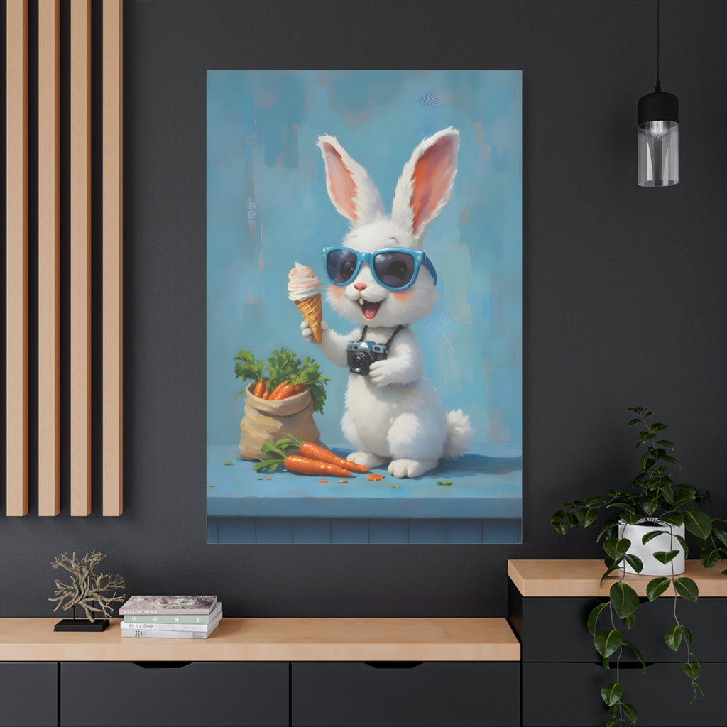Blue Bunny Canvas Print — Cute Rabbit with Sunglasses & Ice Cream Matte Wall Art