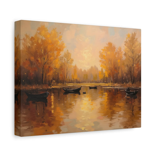 Autumn at the lake with rowboats Wall Art - Stretched Canvas