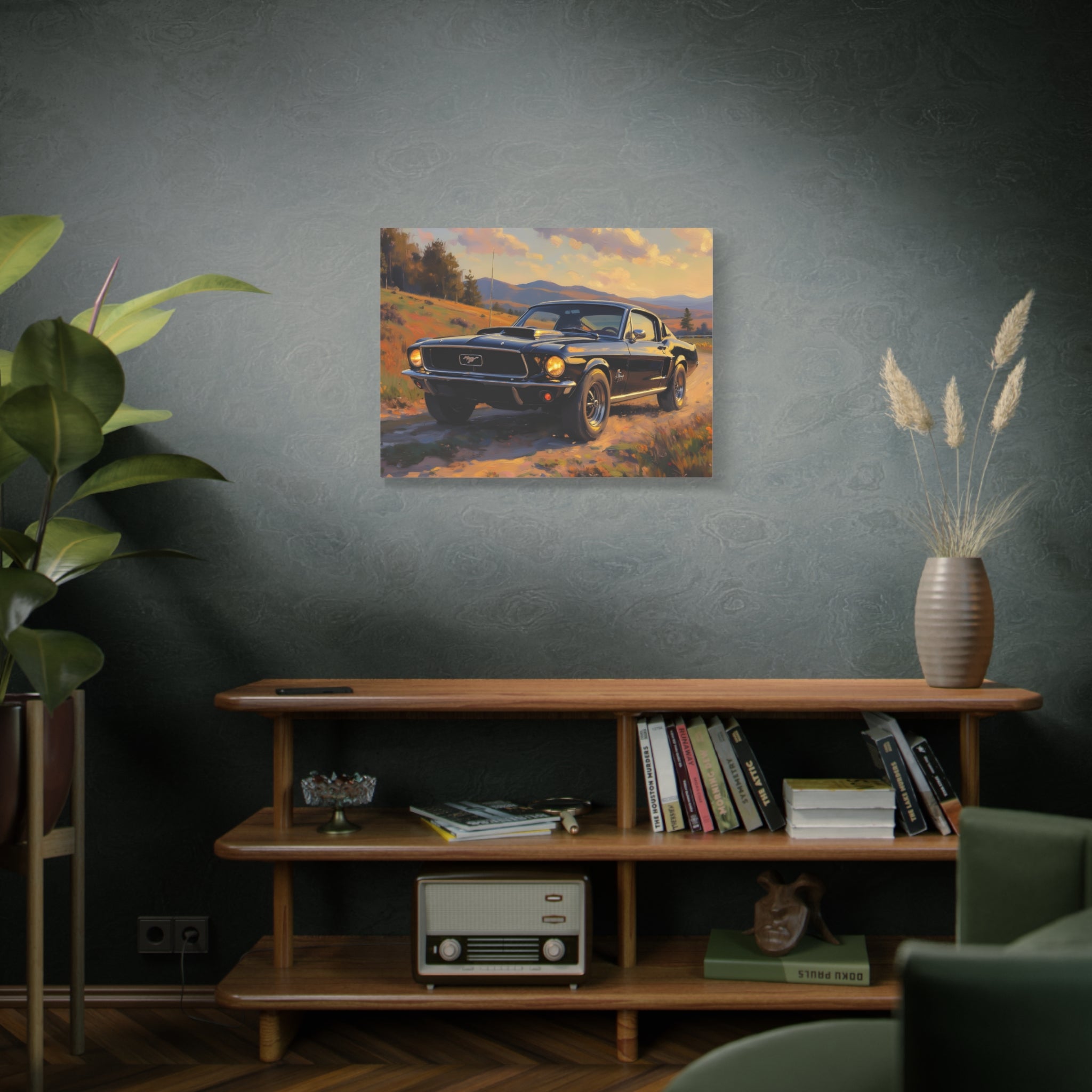 Vintage Mustang Sonnenuntergangs-Wandbild – Klassisches Muscle-Car – Leinwand 