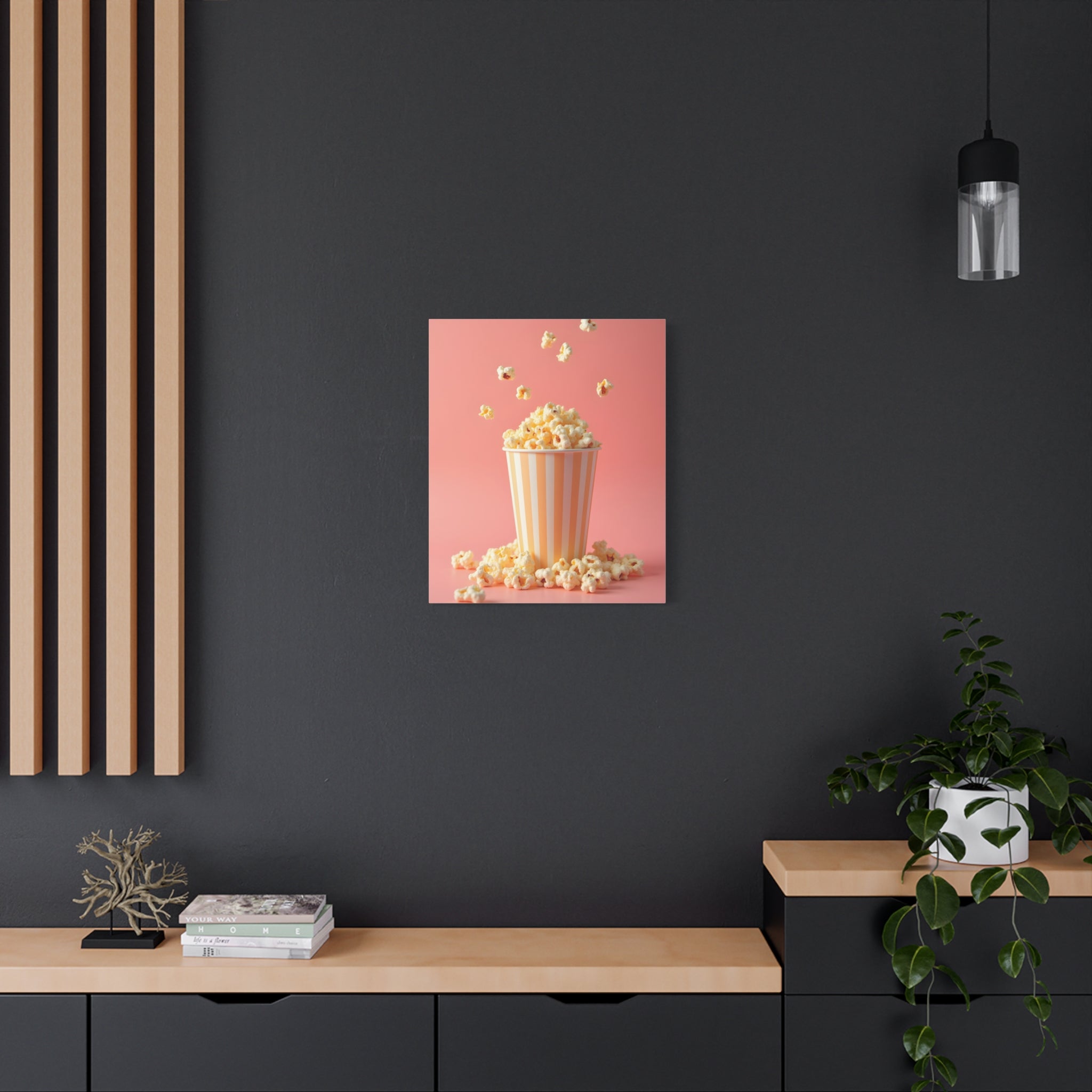 Popcorn with a pink background Wall Art - Stretched Canvas