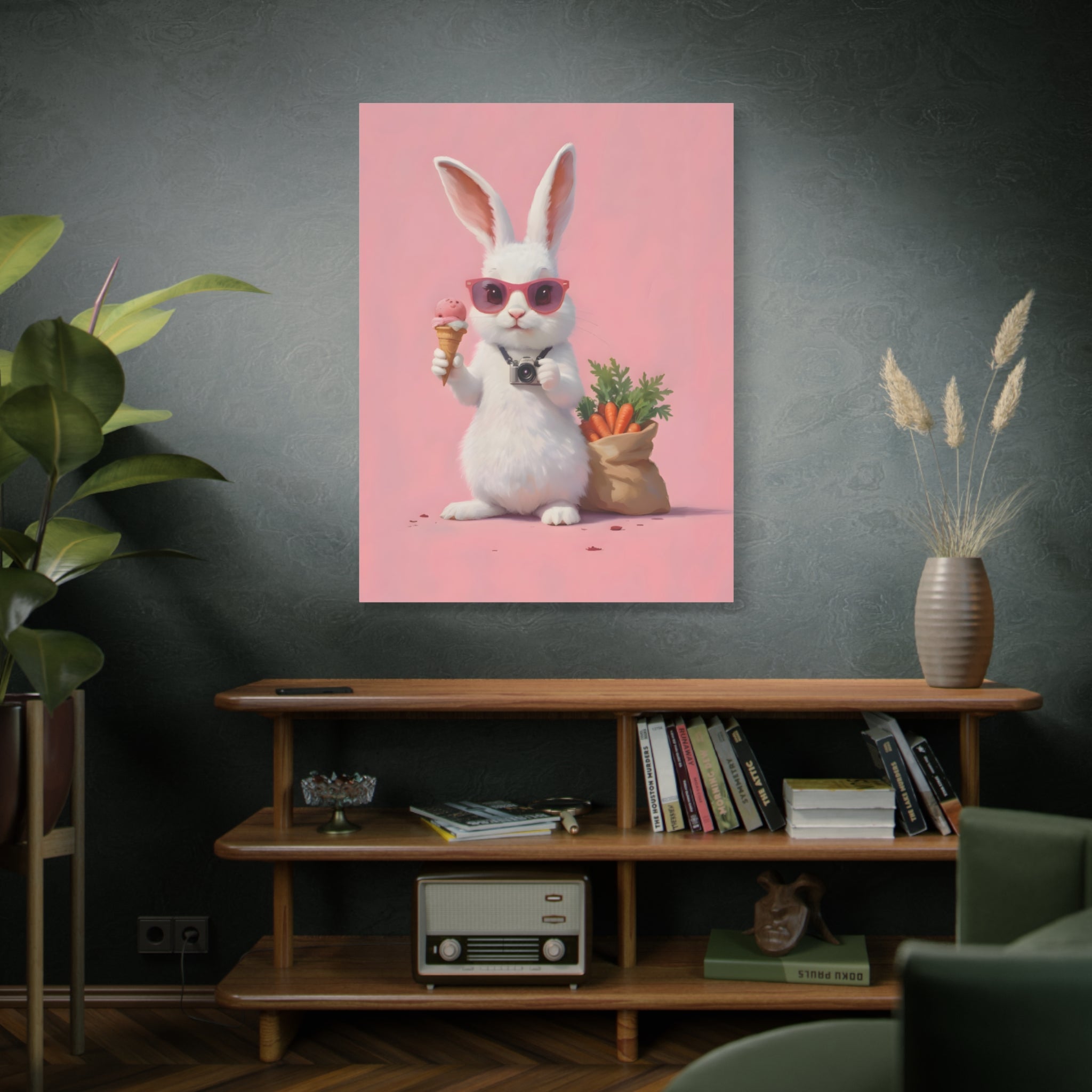 Pink Cute Bunny Canvas Wall Art — Cool Rabbit with Sunglasses, Ice Cream & Carrots (Matte Stretched)