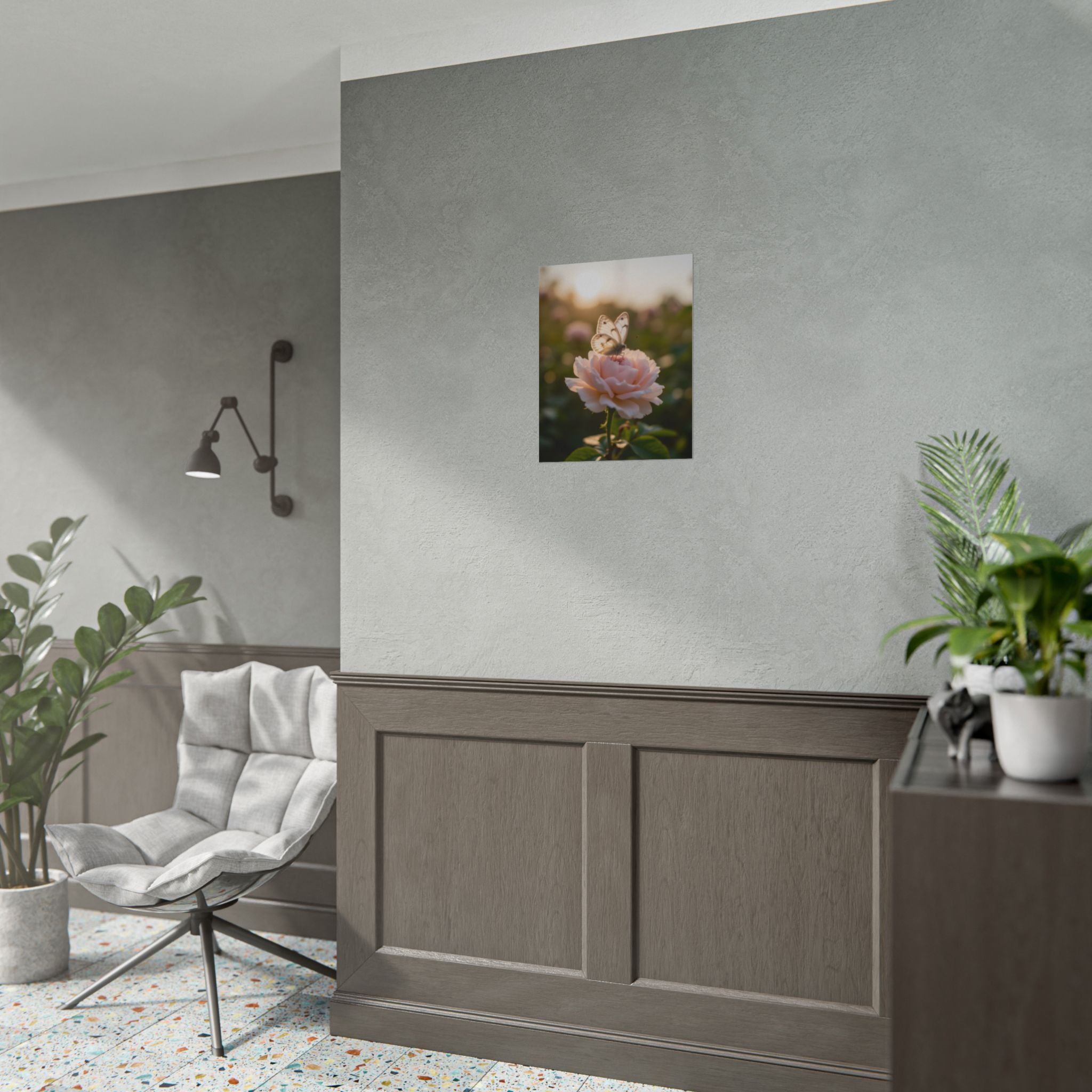 Muurposter met vlinder op roze roos 