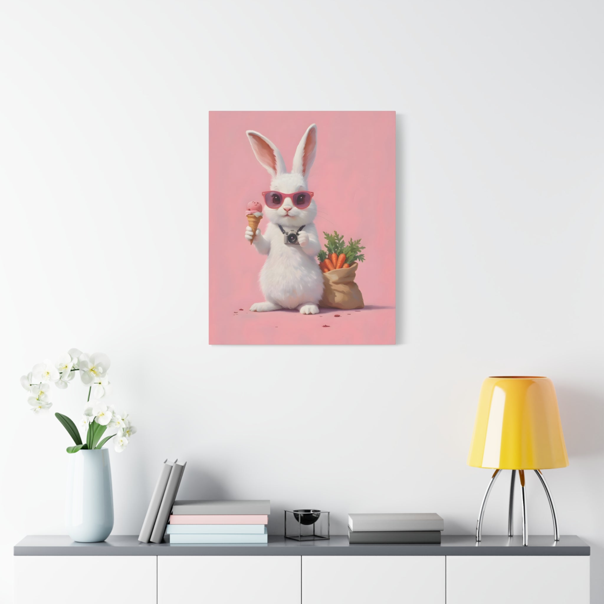 Pink Cute Bunny Canvas Wall Art — Cool Rabbit with Sunglasses, Ice Cream & Carrots (Matte Stretched)