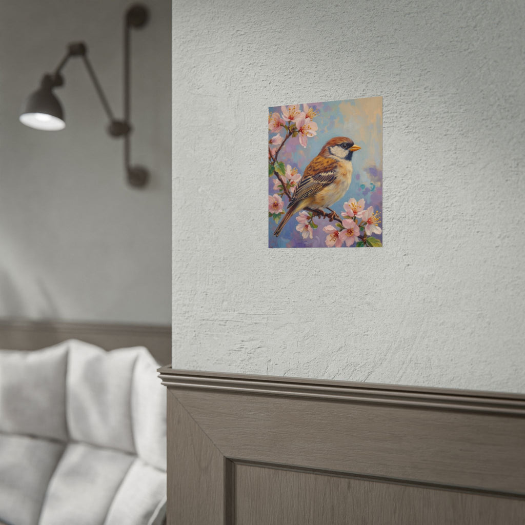 Bird on Blossom Rolled Poster — Spring Sparrow on Branch Wall Art Print