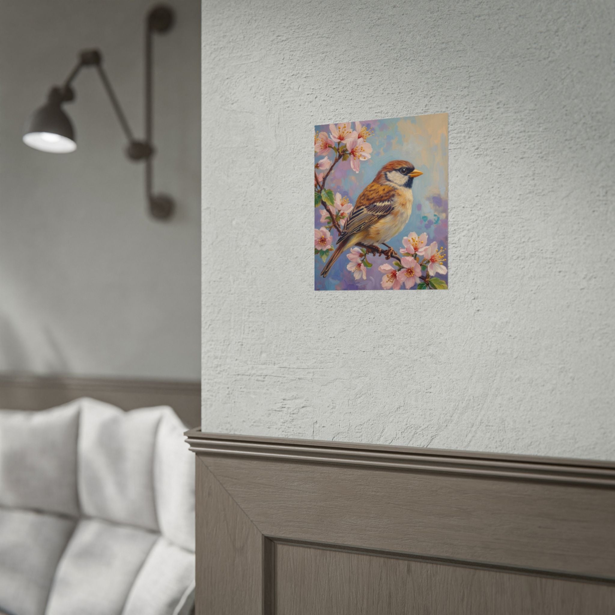 Bird on Blossom Rolled Poster — Spring Sparrow on Branch Wall Art Print