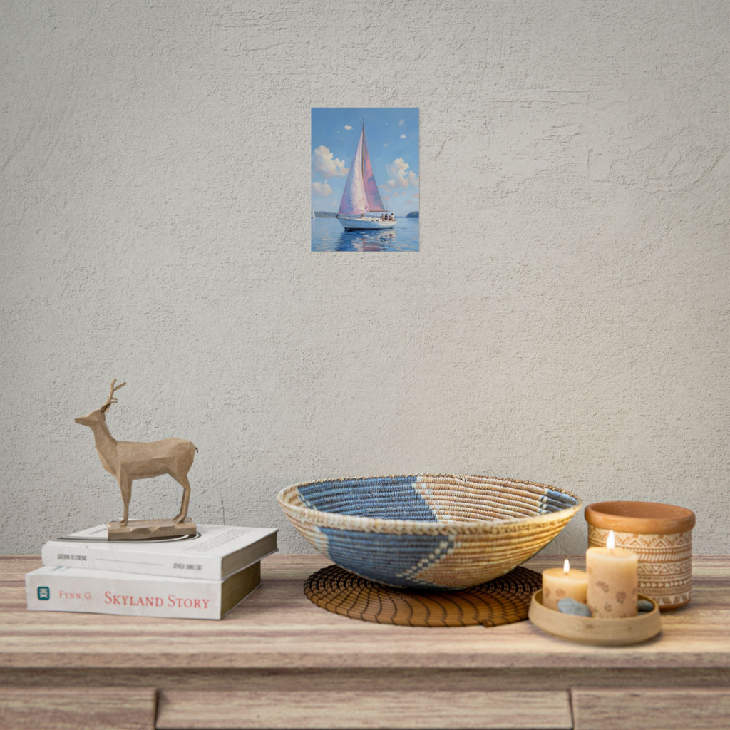 Zeilboot op kalm water met roze accenten - Poster 