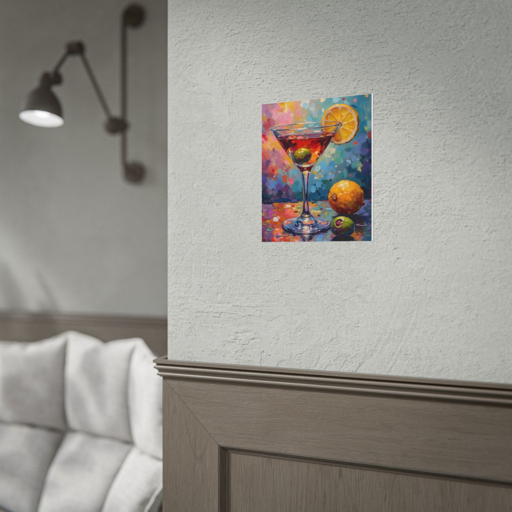 Buntes Martiniglas mit Zitrone und Olive – Wandbild/Poster 