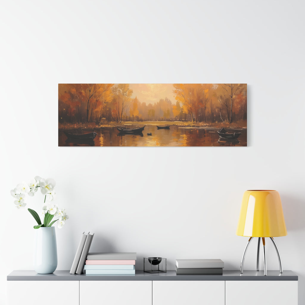 Herfst aan het meer met roeiboten Muurdecoratie - Gespannen canvas 