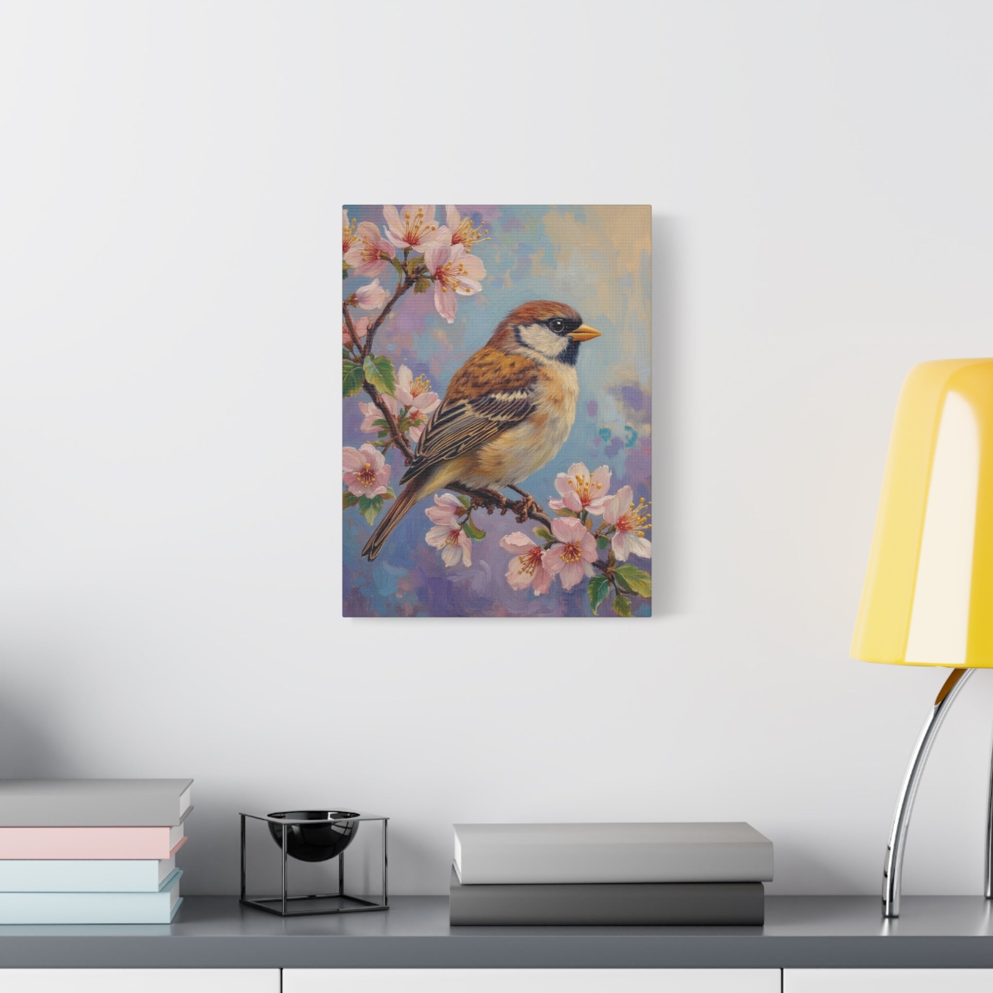 Sparrow on Cherry Blossoms Matte Stretched Canvas