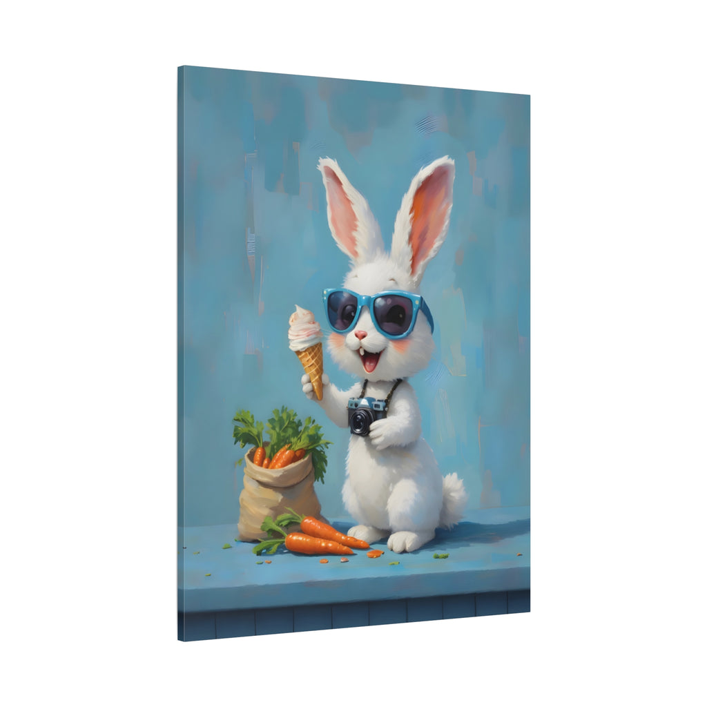 Blue Bunny Canvas Print — Cute Rabbit with Sunglasses & Ice Cream Matte Wall Art
