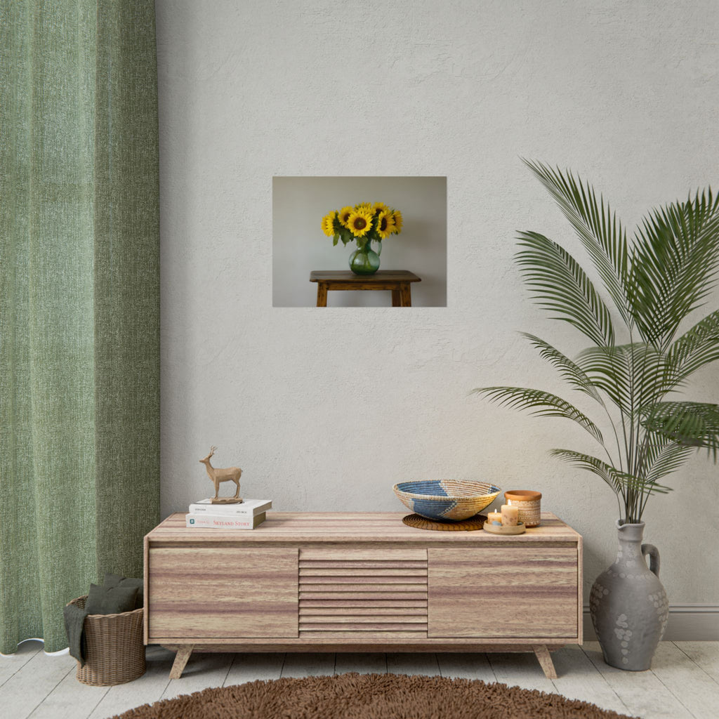 Zonnebloemen in een groene kruik - Muurdecoratie - Poster 