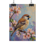 Bird on Blossom Rolled Poster — Spring Sparrow on Branch Wall Art Print