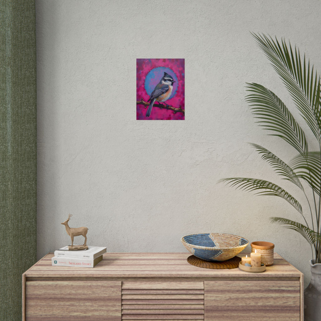 Kleurrijke Zangvogel Poster — Blauwe Gaai Kunstprint op Levendige Roze Achtergrond
