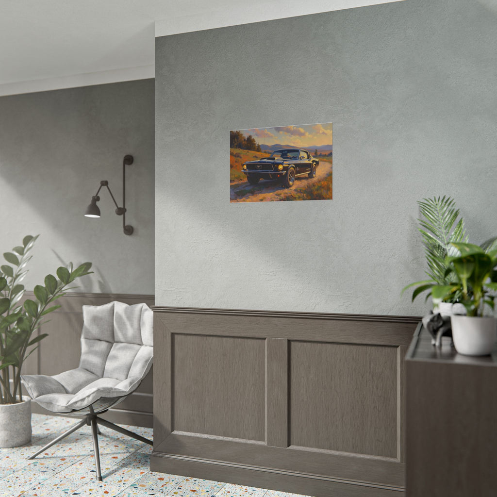 Vintage Mustang Sonnenuntergang Wandbild – Klassisches Muscle-Car – Poster 