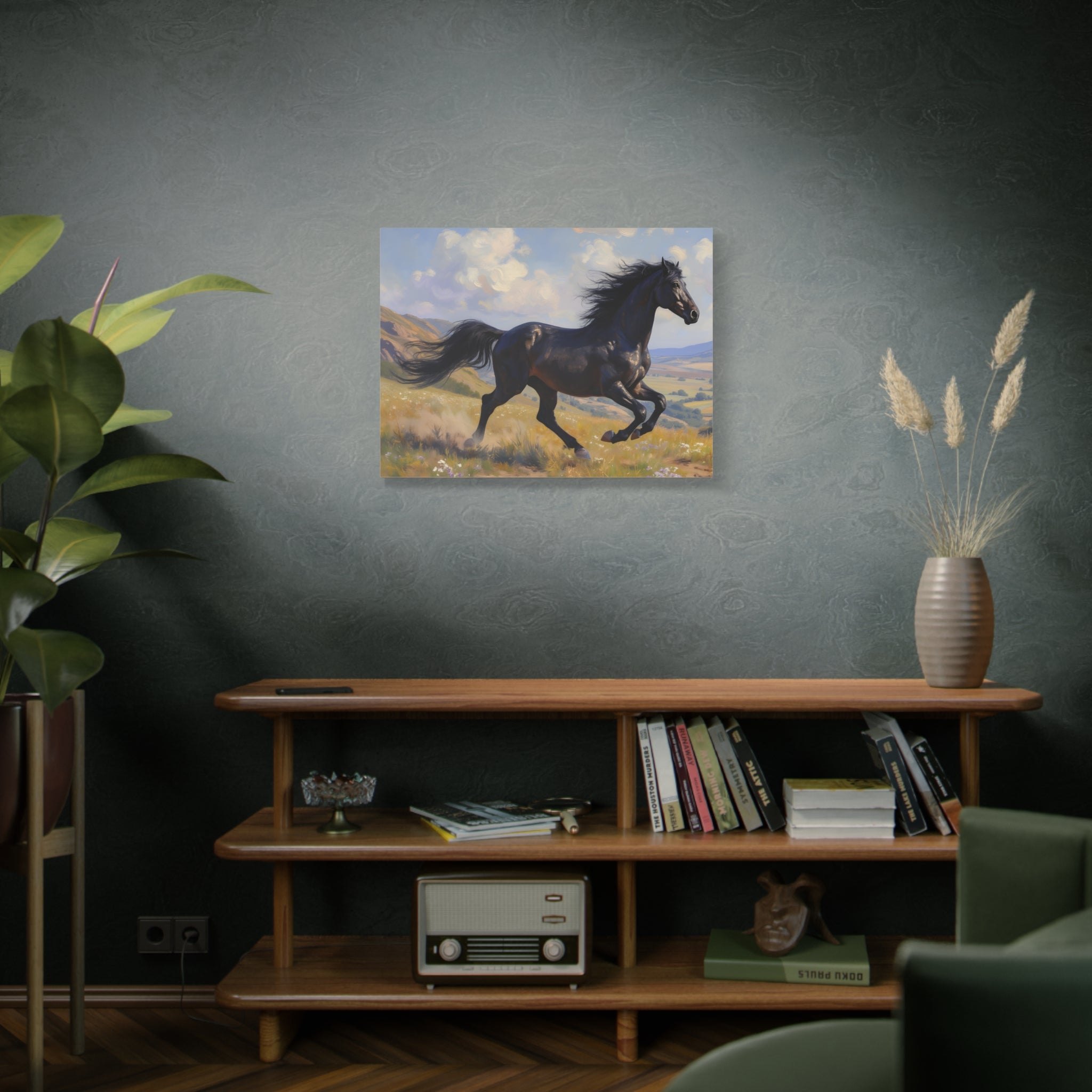 Running Black Stallion Wall Art - Horse Painting - Stretched Canvas