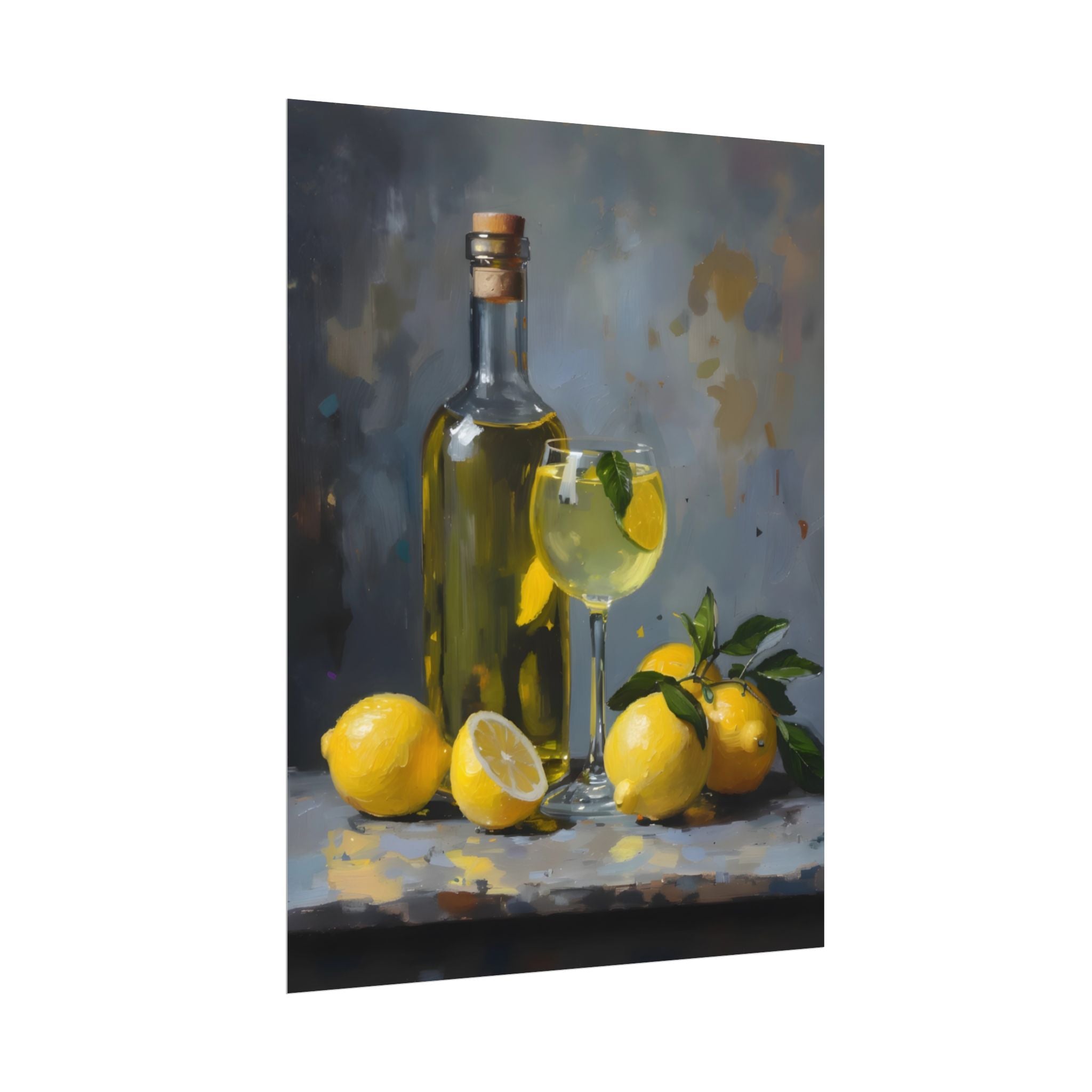Limoncello with lemons Still Life Rolled Poster – Citrus Bottle Art Print