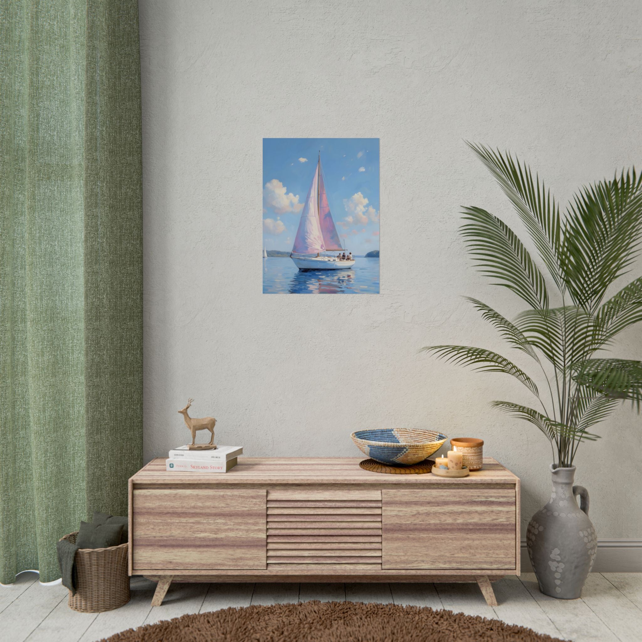 Zeilboot op kalm water met roze accenten - Poster 