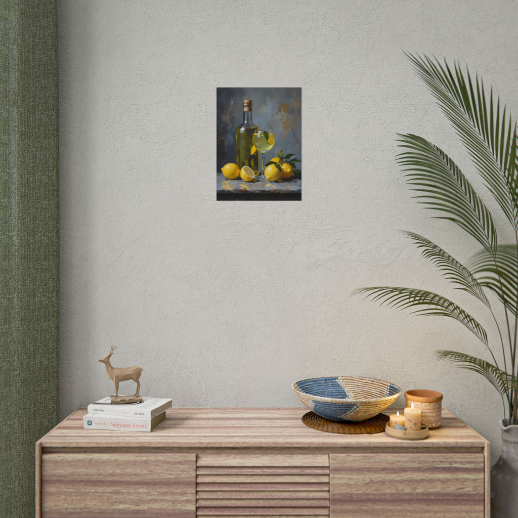 Limoncello with lemons Still Life Rolled Poster – Citrus Bottle Art Print