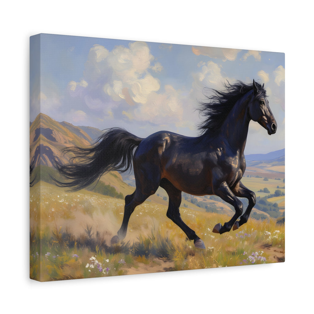 Muurdecoratie met een rennende zwarte hengst - Paardenschilderij - Gespannen canvas 