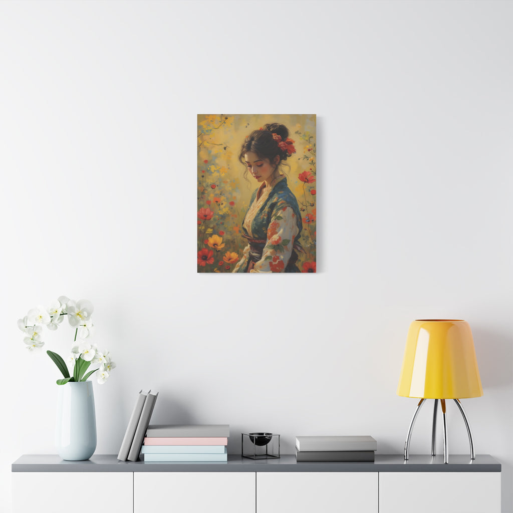 Asiatische Blumen-Dame, matte Leinwand-Wandkunst