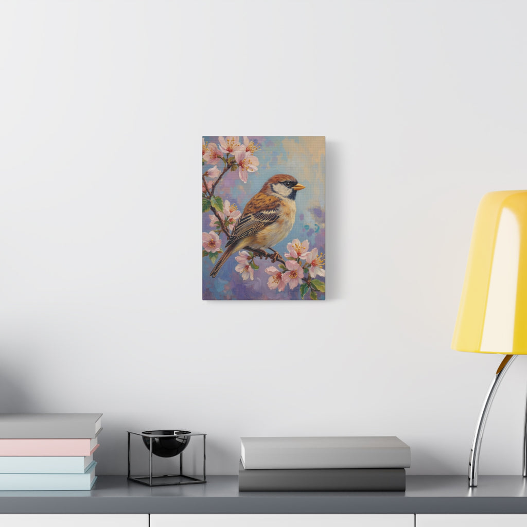 Sparrow on Cherry Blossoms Matte Stretched Canvas