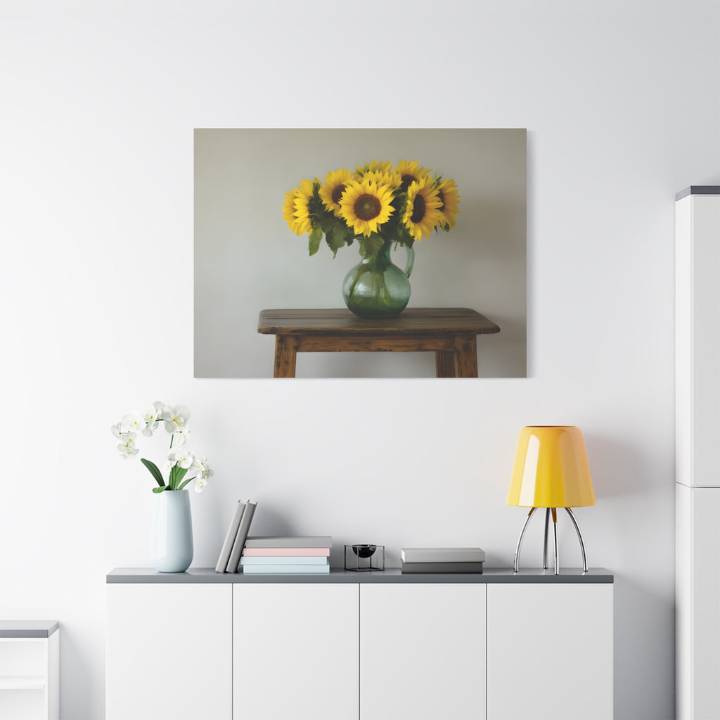 Zonnebloemen in een groene kruik als wanddecoratie - Gespannen canvas 