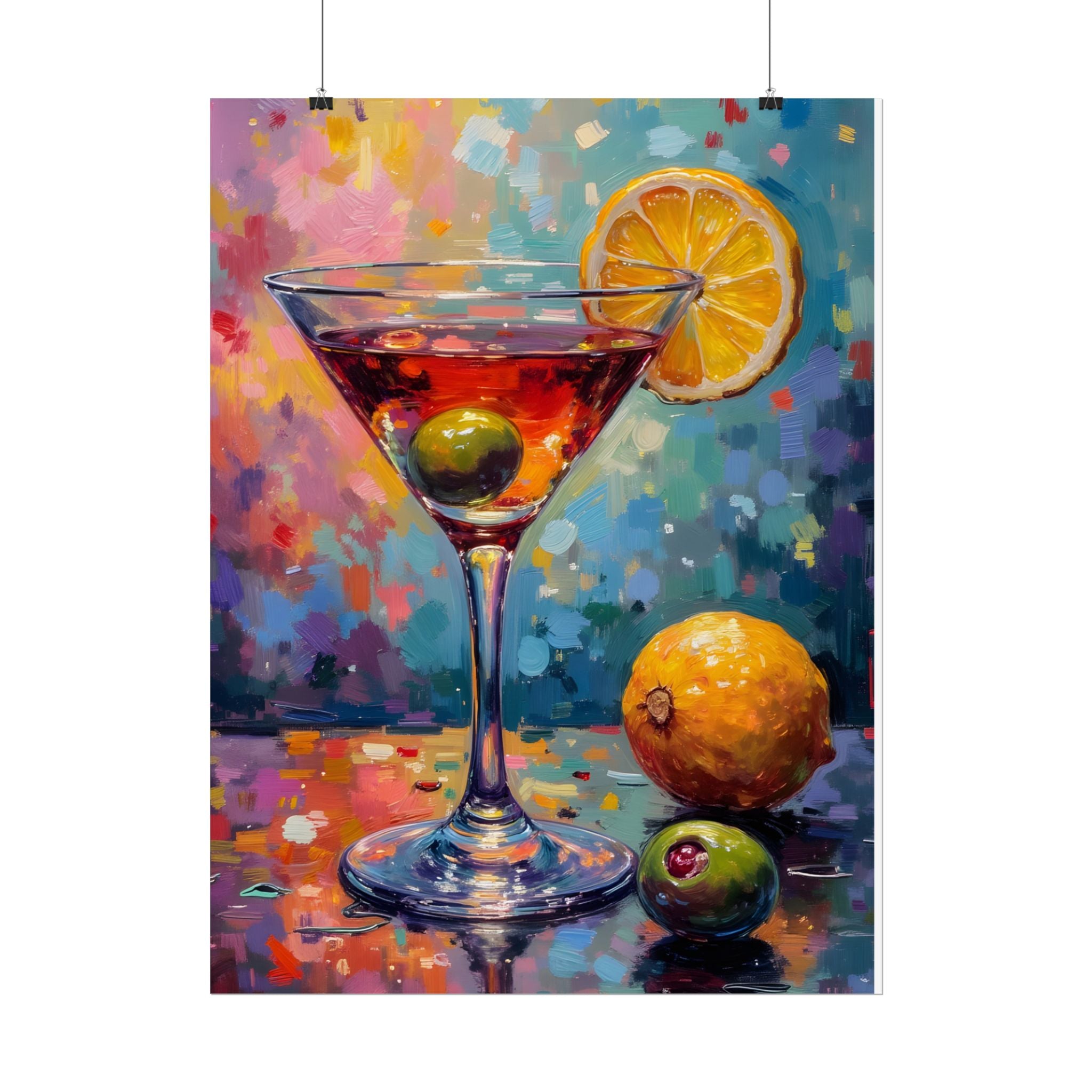 Buntes Martiniglas mit Zitrone und Olive – Wandbild/Poster 