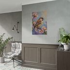 Bird on Blossom Rolled Poster — Spring Sparrow on Branch Wall Art Print
