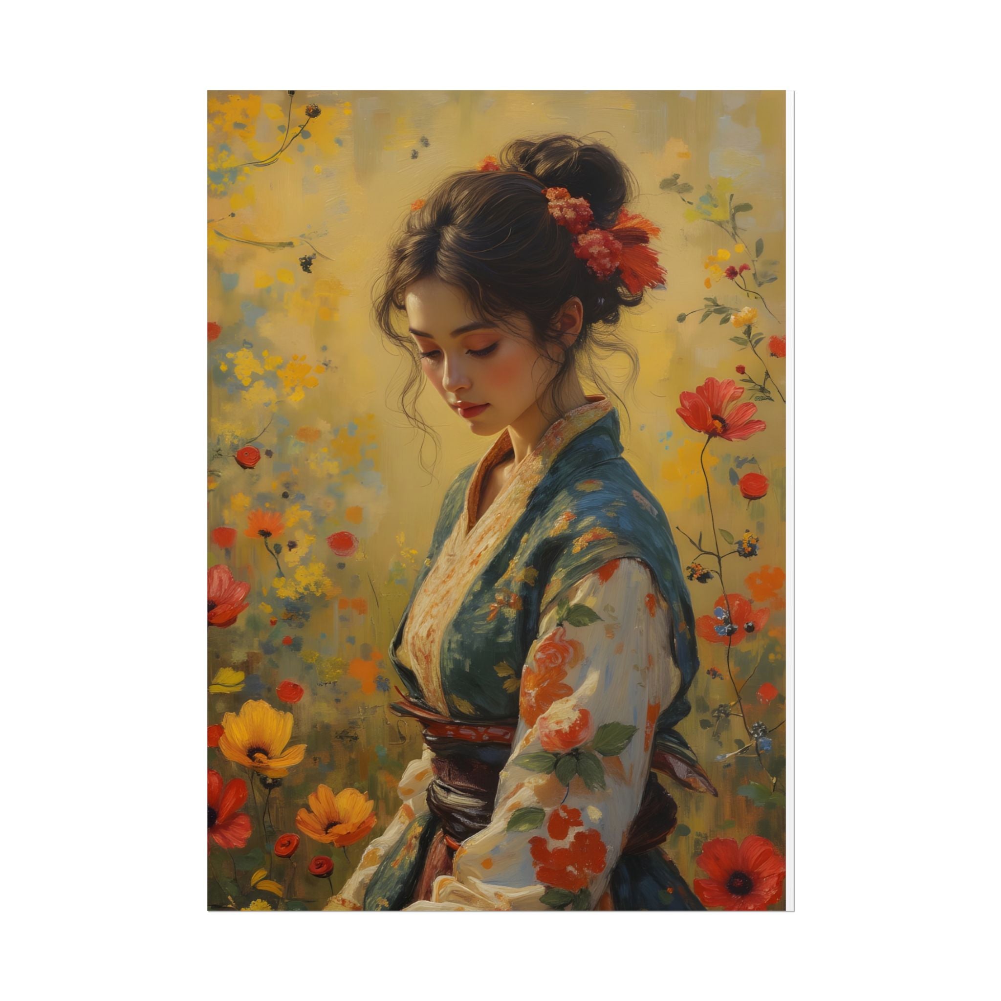 Aziatische bloemenprint dame muurdecoratie - poster 