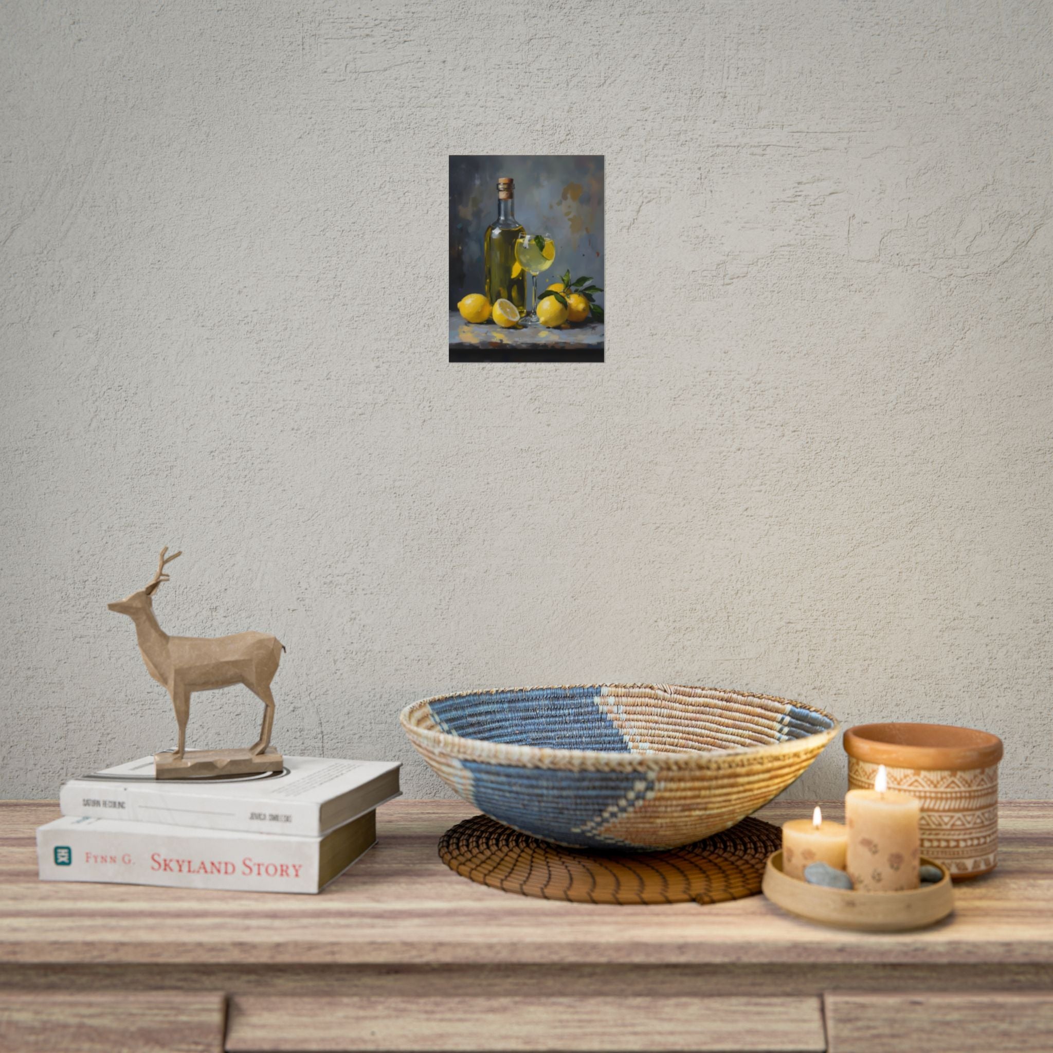 Limoncello with lemons Still Life Rolled Poster – Citrus Bottle Art Print