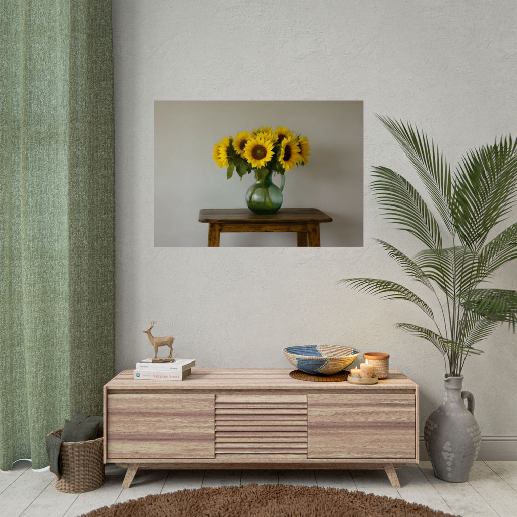 Zonnebloemen in een groene kruik - Muurdecoratie - Poster 