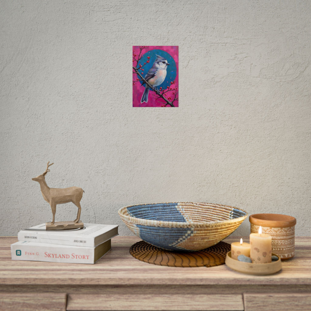 Kunstposter „Blauhäher“ – Lebendige Vogelillustration auf rosa-türkisfarbenem Hintergrund