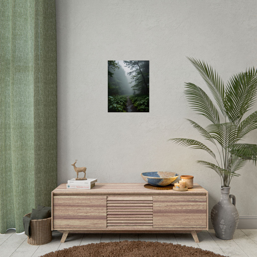Muurdecoratie met een mistig bospad - Poster 