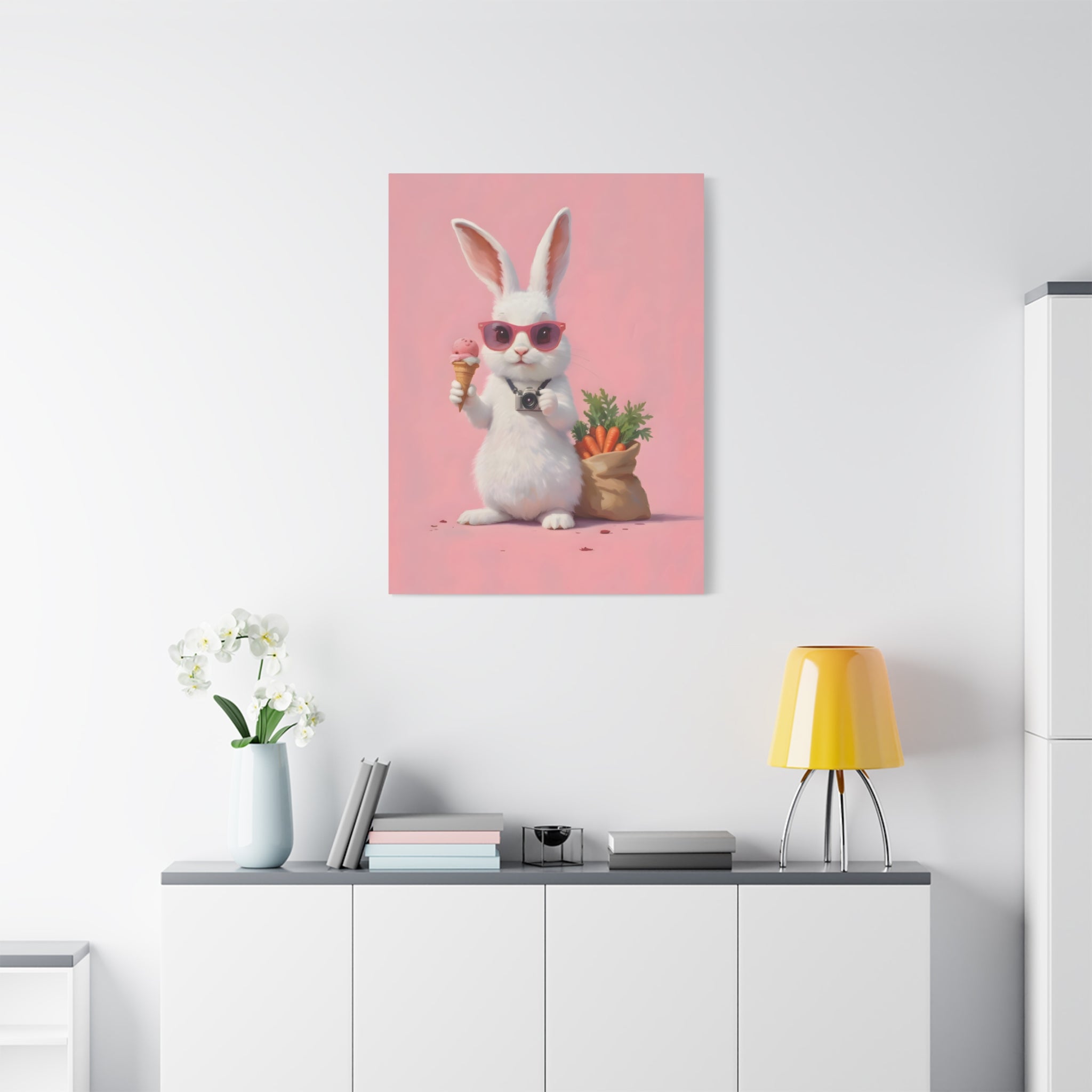 Pink Cute Bunny Canvas Wall Art — Cool Rabbit with Sunglasses, Ice Cream & Carrots (Matte Stretched)