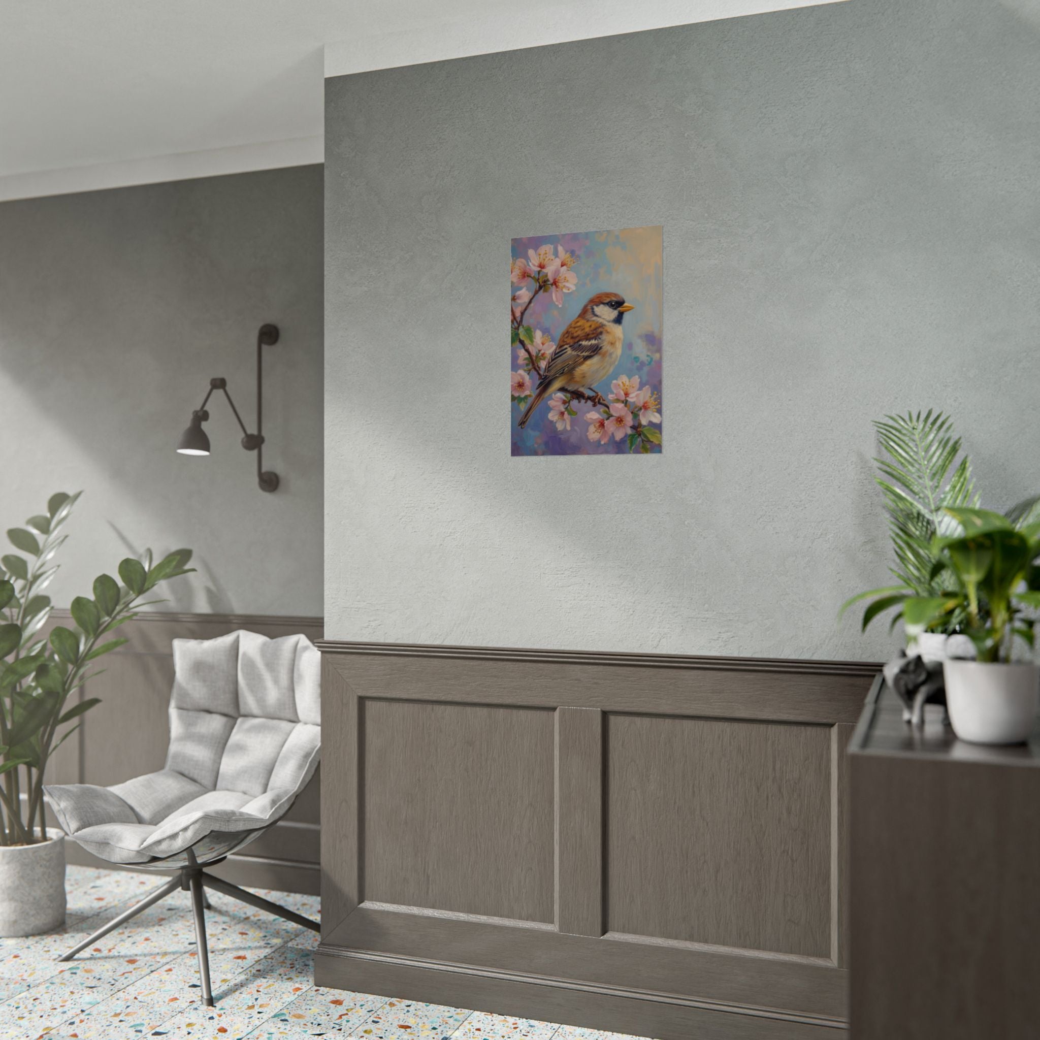 Bird on Blossom Rolled Poster — Spring Sparrow on Branch Wall Art Print