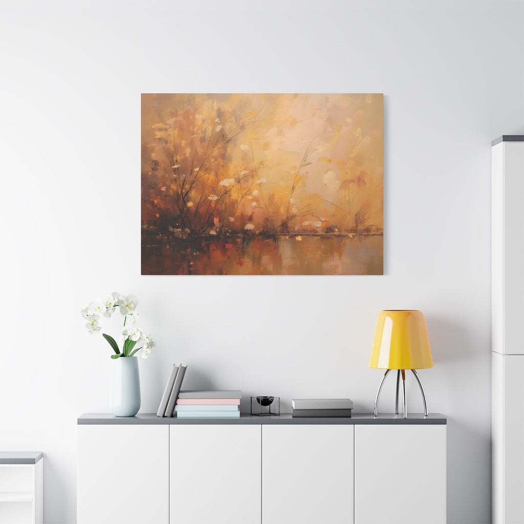 Abstracte muurdecoratie met gouden weidemotief - opgespannen canvas 