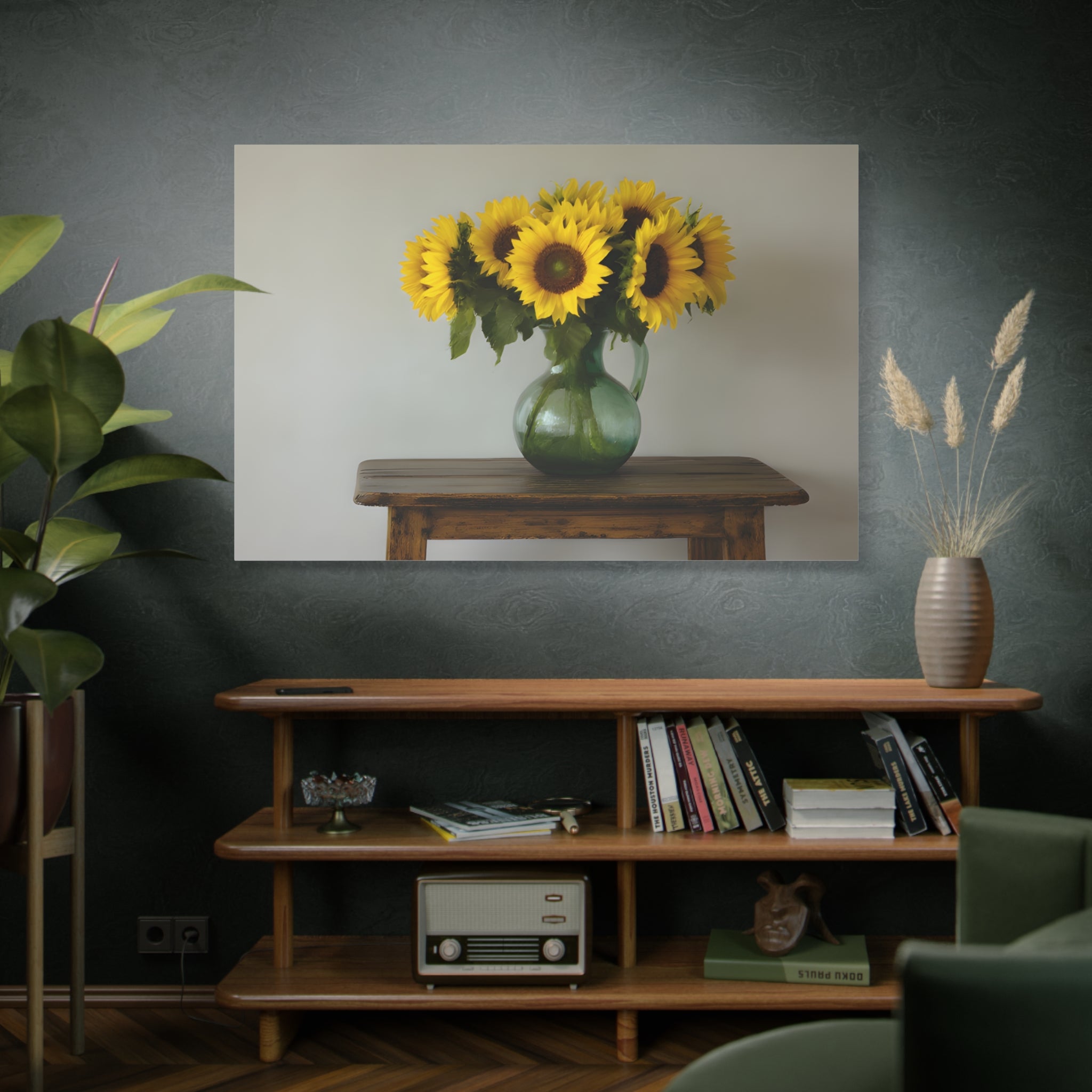 Sunflowers in Green Pitcher Wall Art - Stretched Canvas