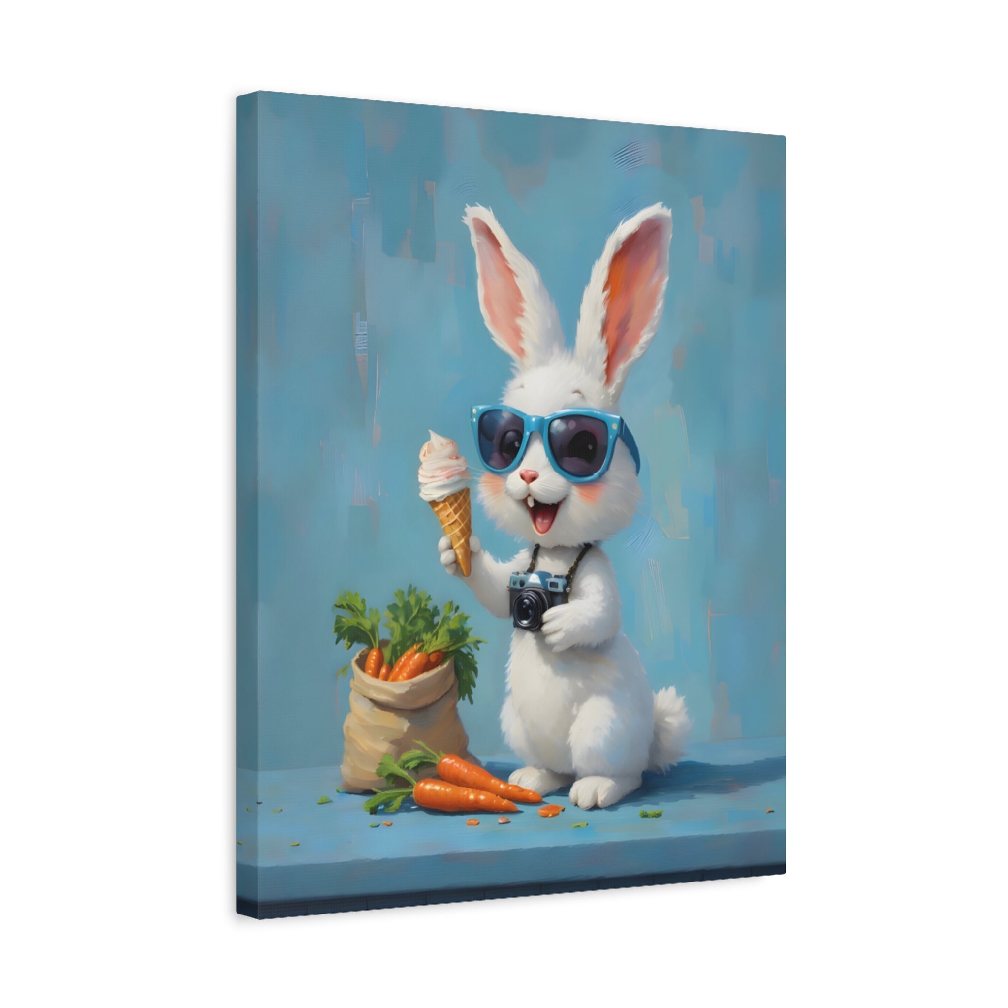 Blue Bunny Canvas Print — Cute Rabbit with Sunglasses & Ice Cream Matte Wall Art