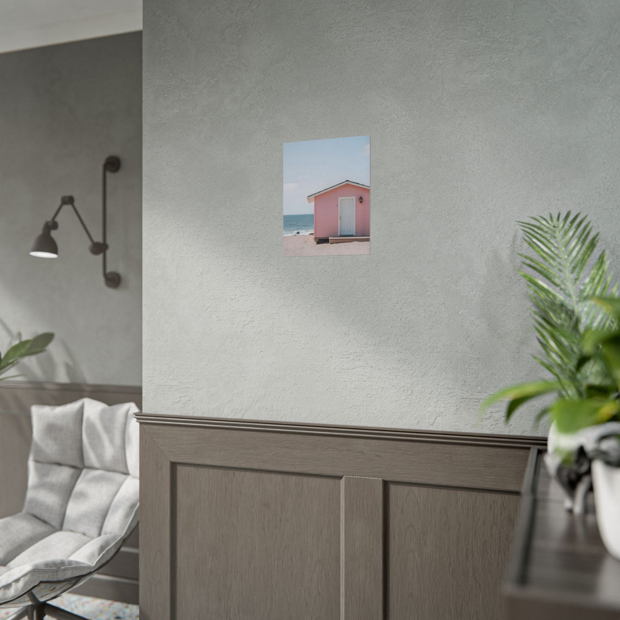 Roze strandhuisje als muurdecoratie - Poster 