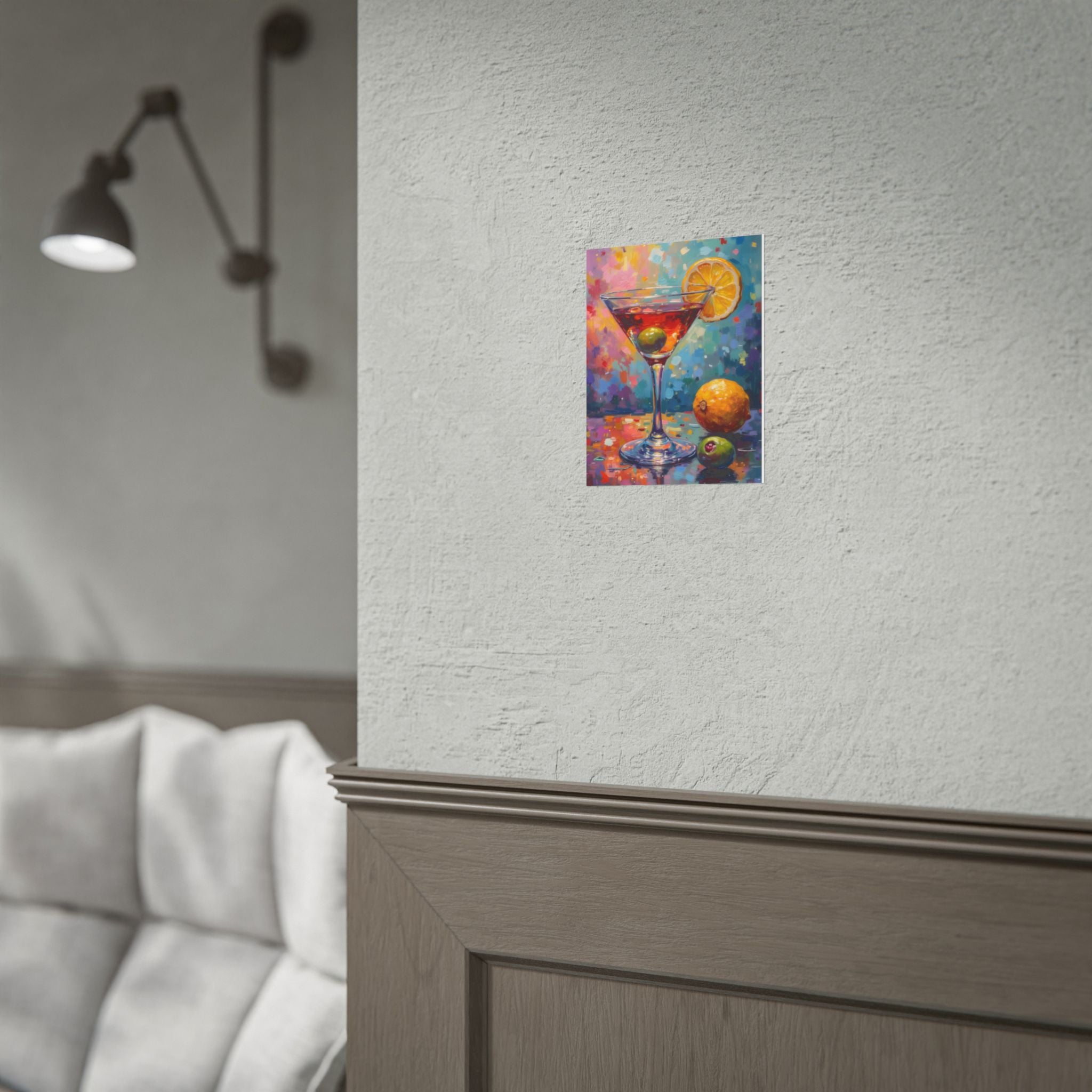 Buntes Martiniglas mit Zitrone und Olive – Wandbild/Poster 