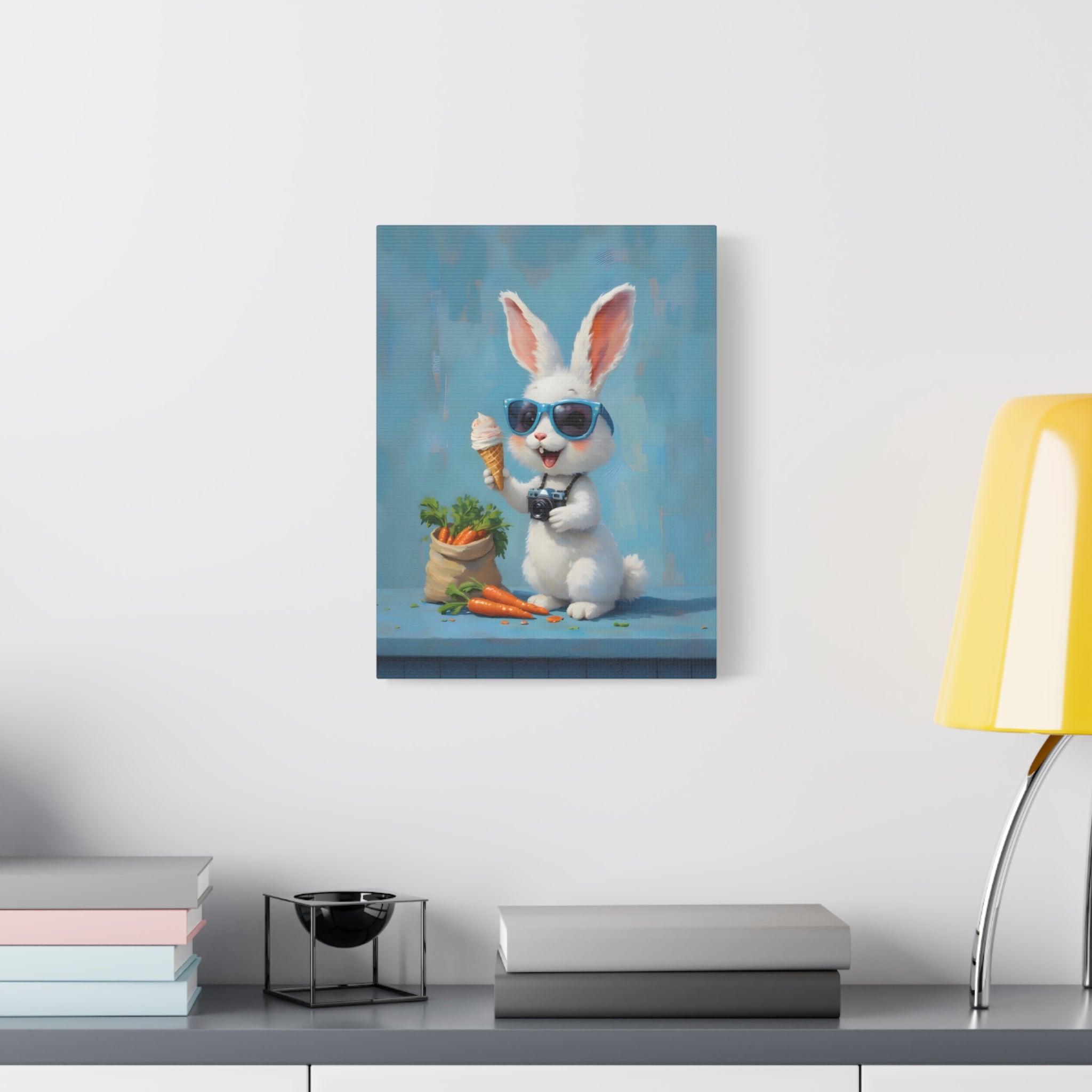Blue Bunny Canvas Print — Cute Rabbit with Sunglasses & Ice Cream Matte Wall Art