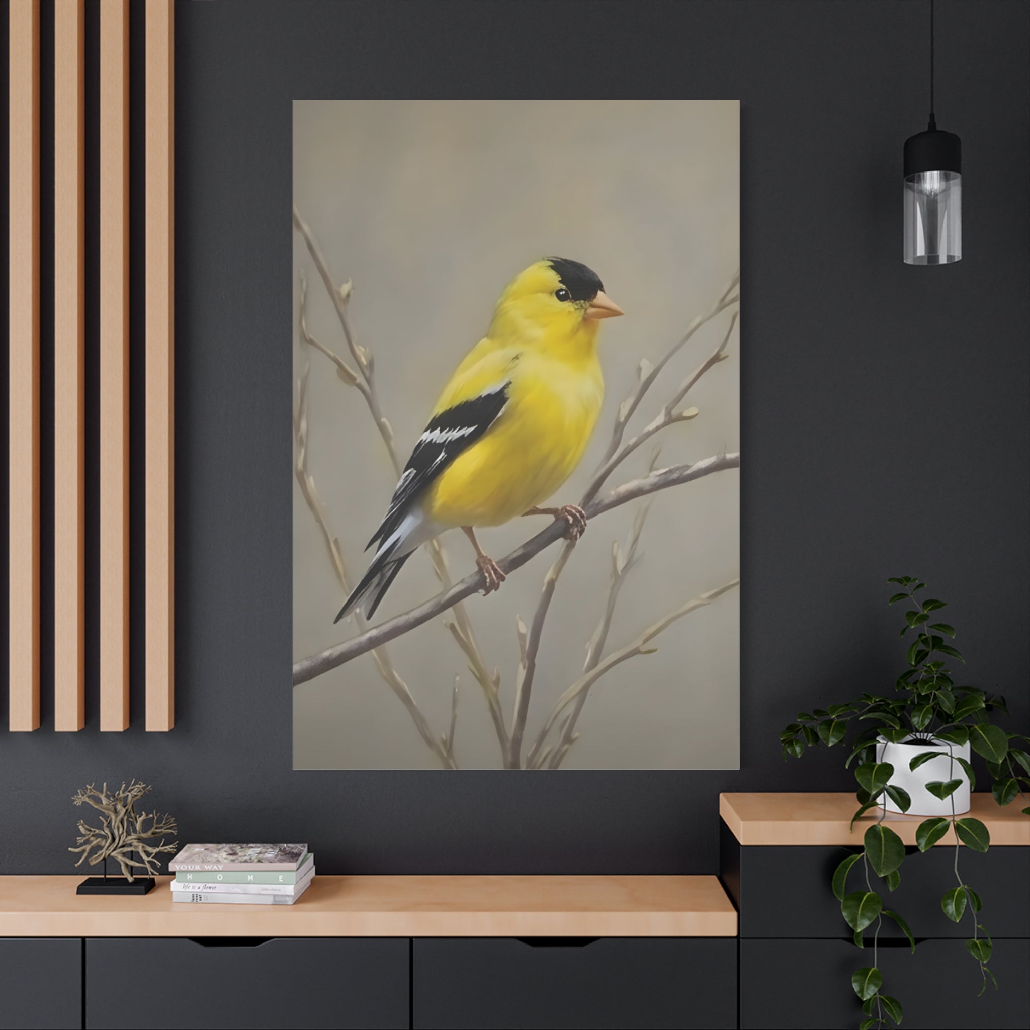 Goldfinch Wall Art Canvas — Yellow Songbird Painting on Branch, Matte Stretched Canvas