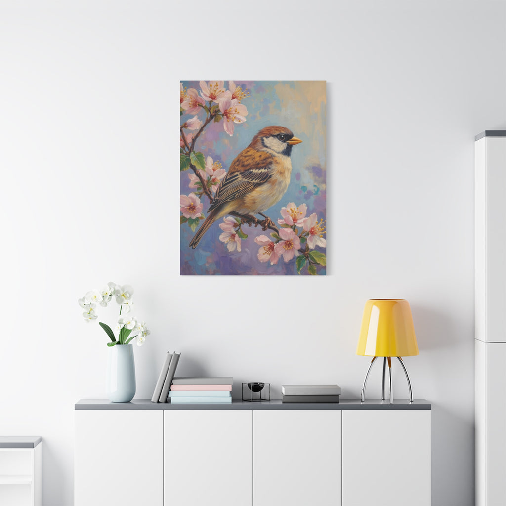 Sparrow on Cherry Blossoms Matte Stretched Canvas