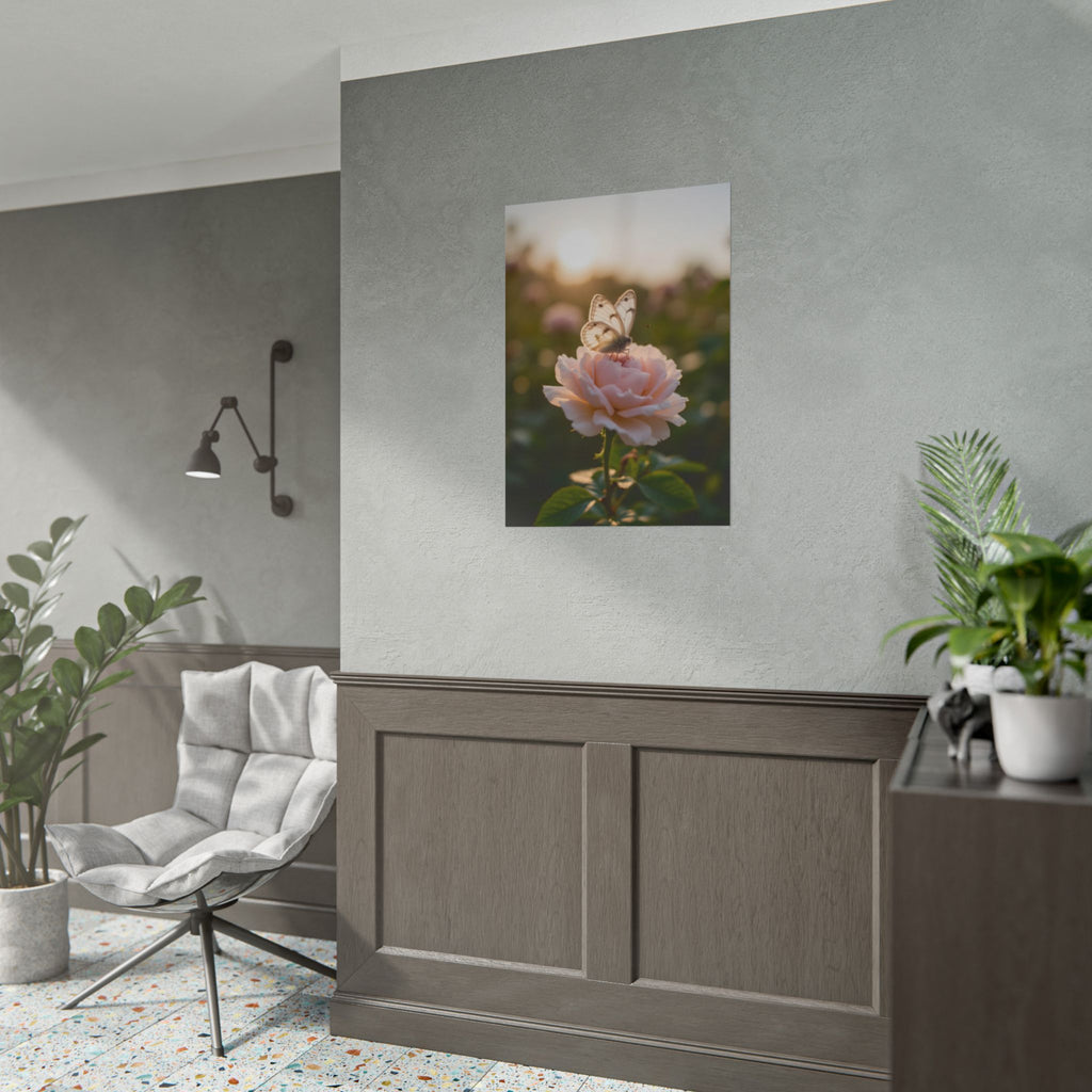 Muurposter met vlinder op roze roos 