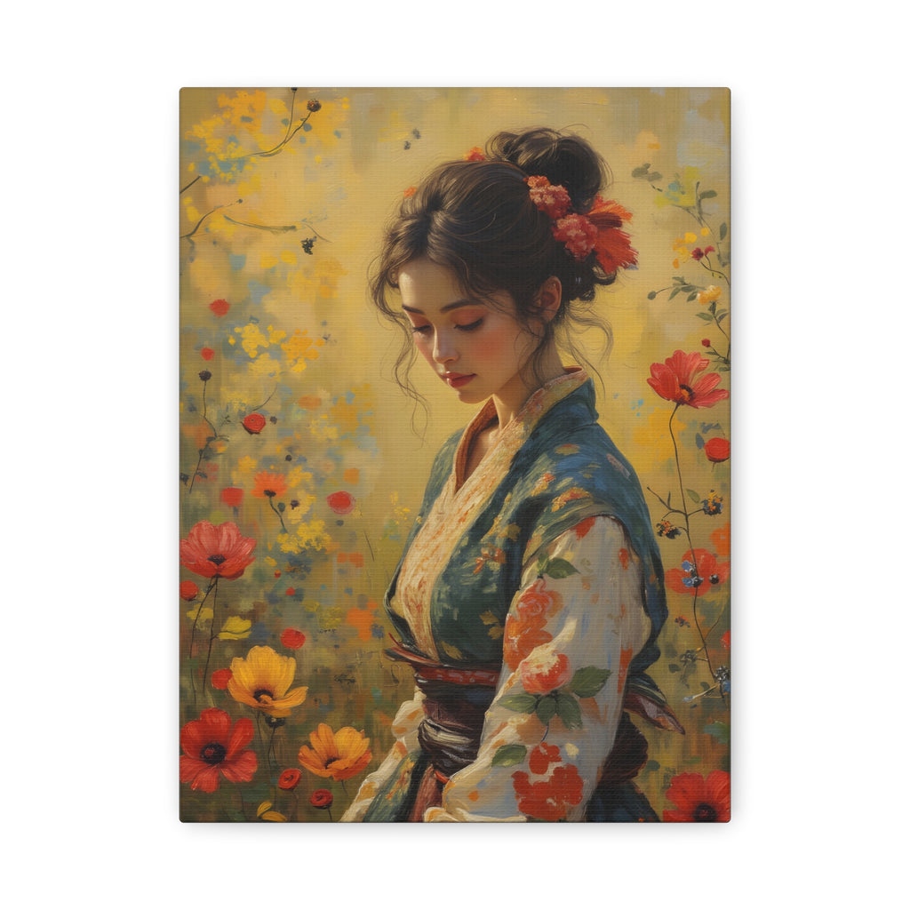 Asiatische Blumen-Dame, matte Leinwand-Wandkunst