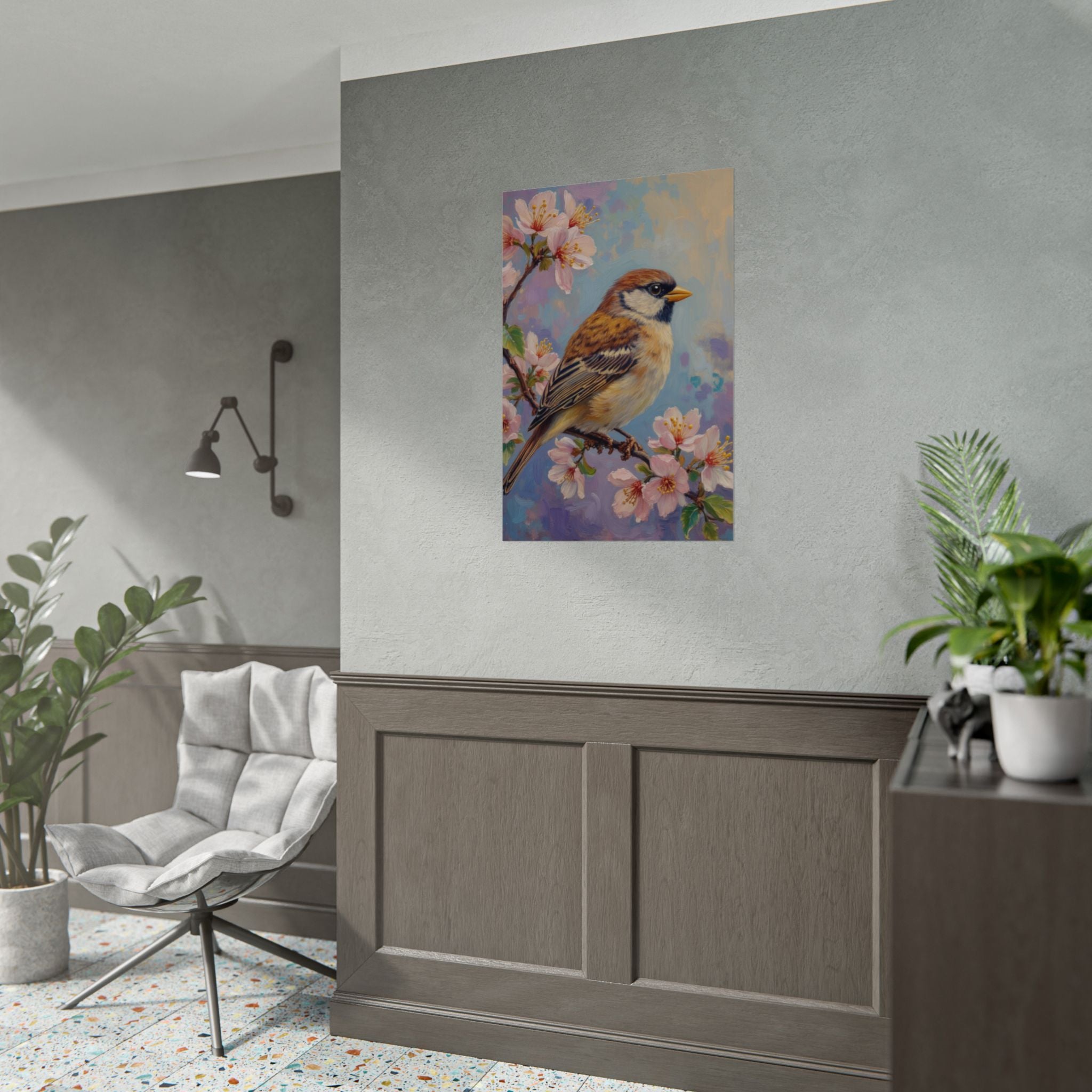 Bird on Blossom Rolled Poster — Spring Sparrow on Branch Wall Art Print