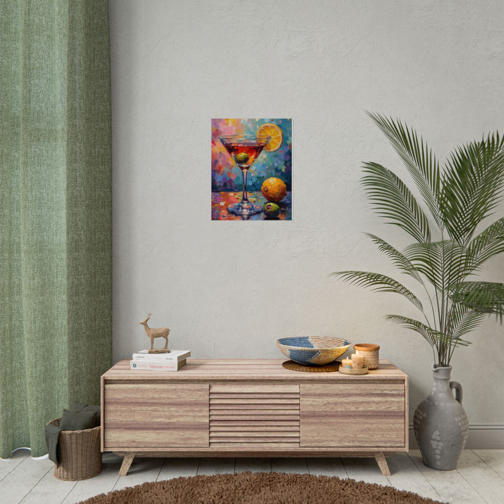 Buntes Martiniglas mit Zitrone und Olive – Wandbild/Poster 
