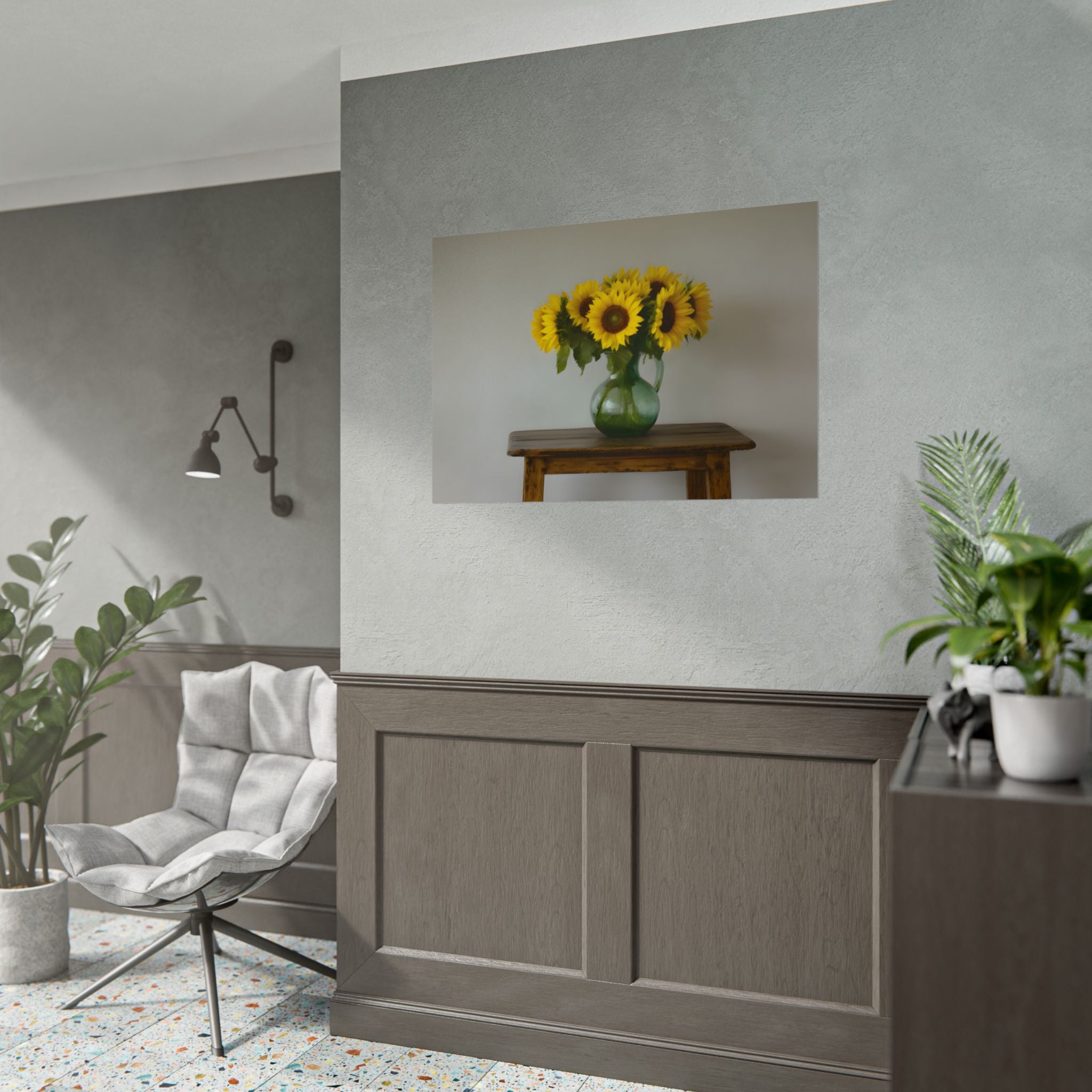 Zonnebloemen in een groene kruik - Muurdecoratie - Poster 