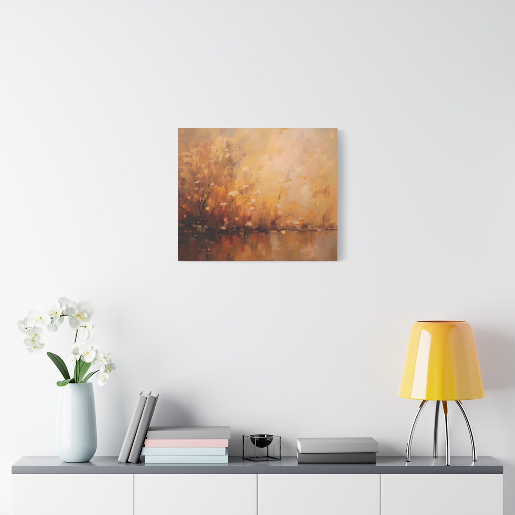 Abstracte muurdecoratie met gouden weidemotief - opgespannen canvas 