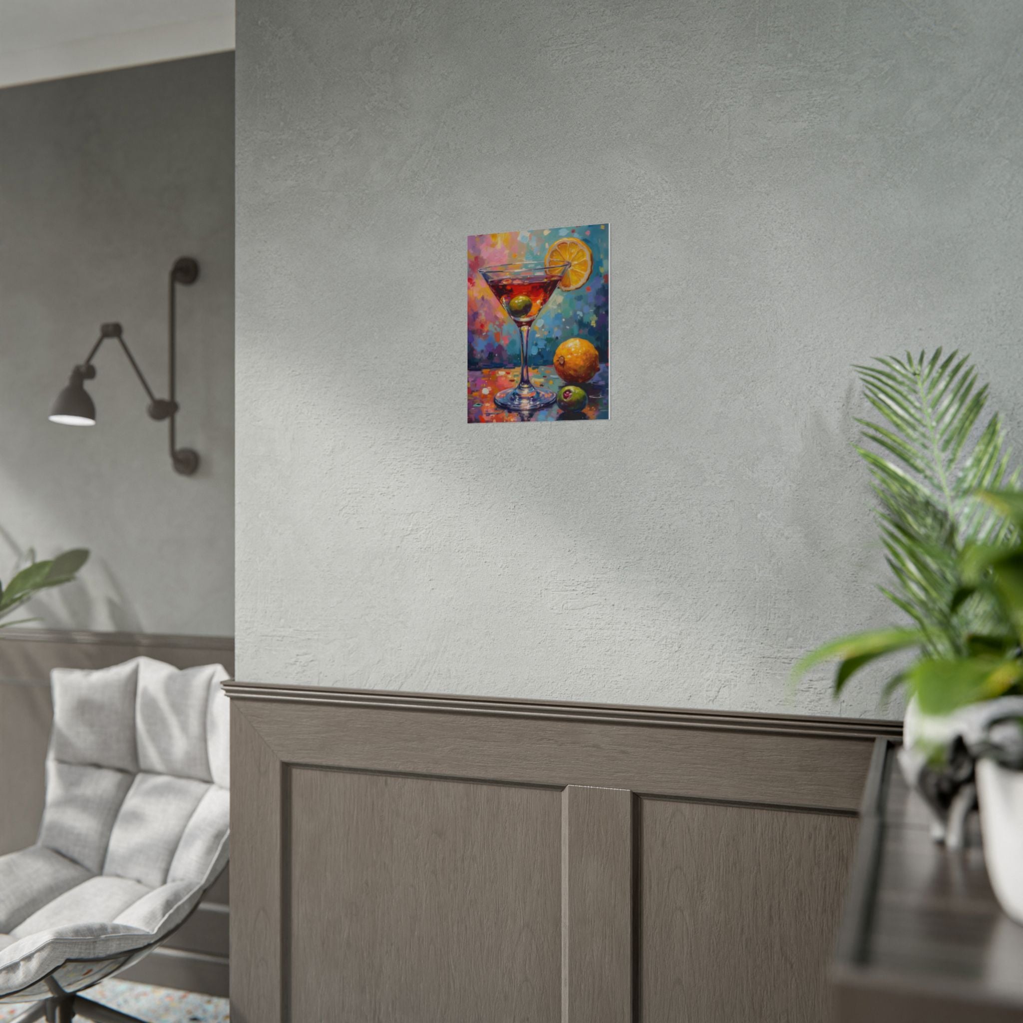 Buntes Martiniglas mit Zitrone und Olive – Wandbild/Poster 